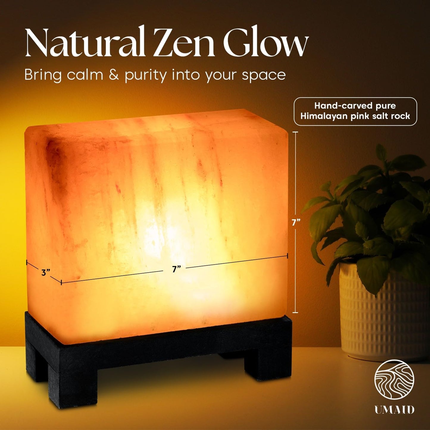 UMAID Himalayan Salt Lamp Rectangle, Natural Pink Rock Salt Lamp on Modern Wood Base with Night Light Bulb and Dimmable Cord, Spa Decor, Salt Massage Stones Ambiance, Meditation Accessories Decor Gift