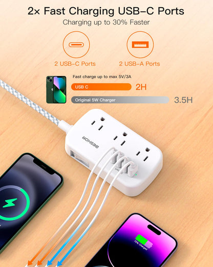 Flat Extension Cord, BESHON 5FT Flat Plug Power Strip with USB C, 6 Outlets 4 USB Port(2 USB C), No Surge Protector, Cruise Ship, Dorm Room Travel Essentials