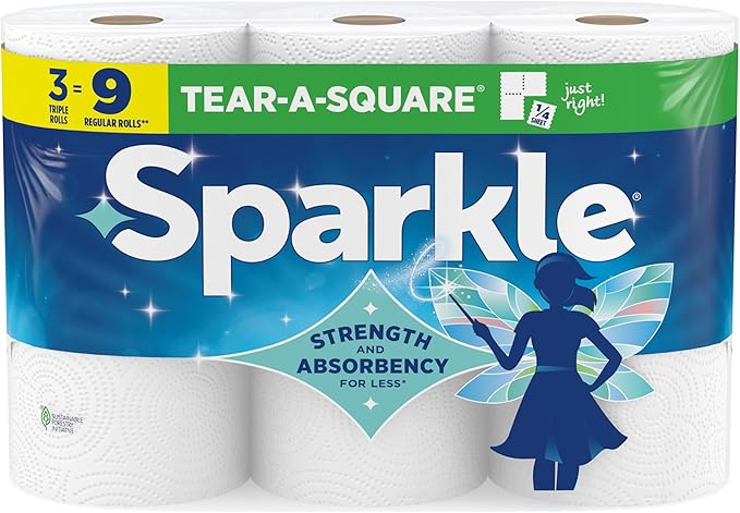Sparkle Tear-A-Square Paper Towels, 3 Triple Rolls = 9 Regular Rolls, Strong