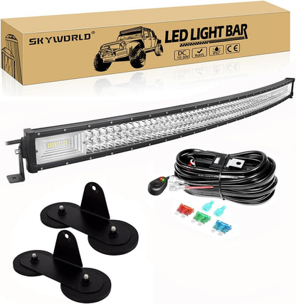 SKYWORLD 52" Curved Off Road LED Light Bar, 675W Triple Row Flood/Spot Combo Beam with 2 Magnetic Mounts & Wiring Harness Kit - 12V/24V for Trucks, SUVs, UTV, ATV, Tractors, Trailers, 6000K White