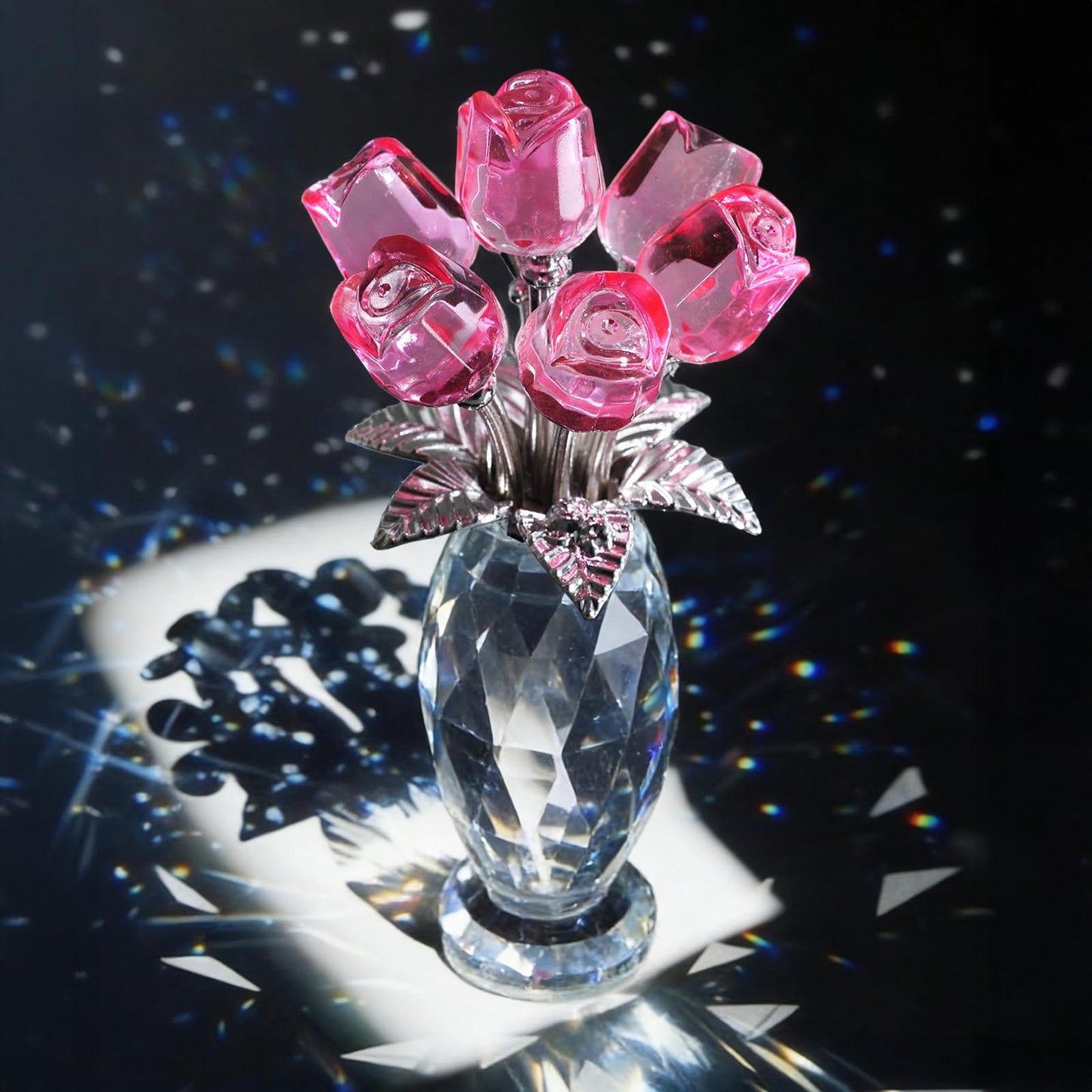 MysticGlitz Pink Crystal Rose Collectible Figurine with Faceted Vase - 5.7" Hand-Crafted Glass Flower Statue - Elegant Keepsake Ornament for Home Decor, Mother's Day, Anniversary, Wedding Gift