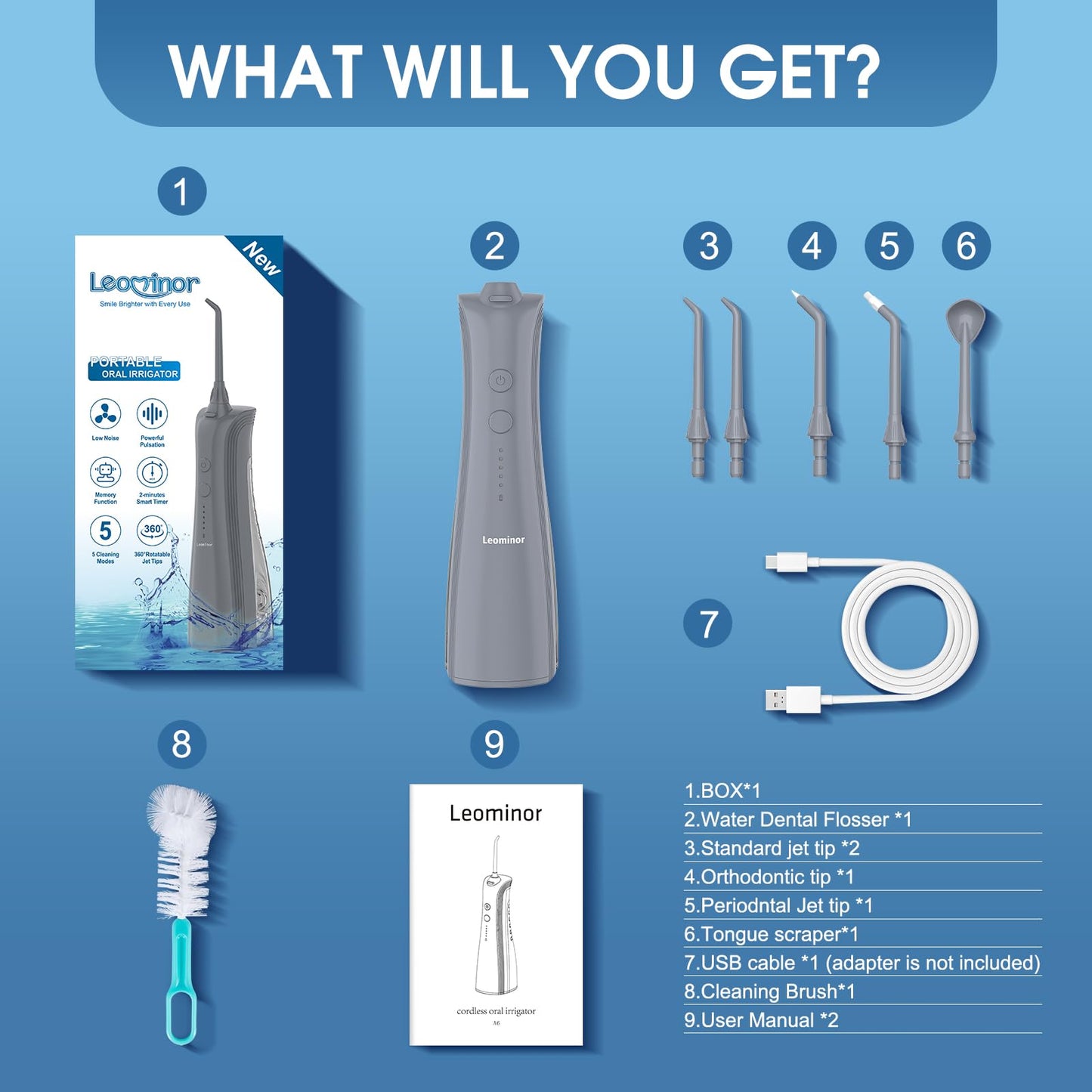 Leominor Water Dental Flosser - 5 Modes Cordless Portable Oral Irrigator, IPX7 Waterproof, Rechargeable Teeth Cleaner Upgrade Datchable Tank Professional Flossing Cleaning Pick for Home Travel (Black)