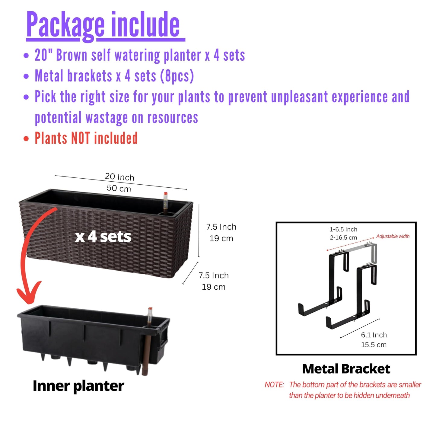 LaLaGreen Deck Railing Planter Box (20 Inch, 4 Pack) Brown Rectangular Window Flower Boxes with Bracket, Self Watering System Hanging Planter Box for Outdoor Plant Container Herb Rail Fence Balcony