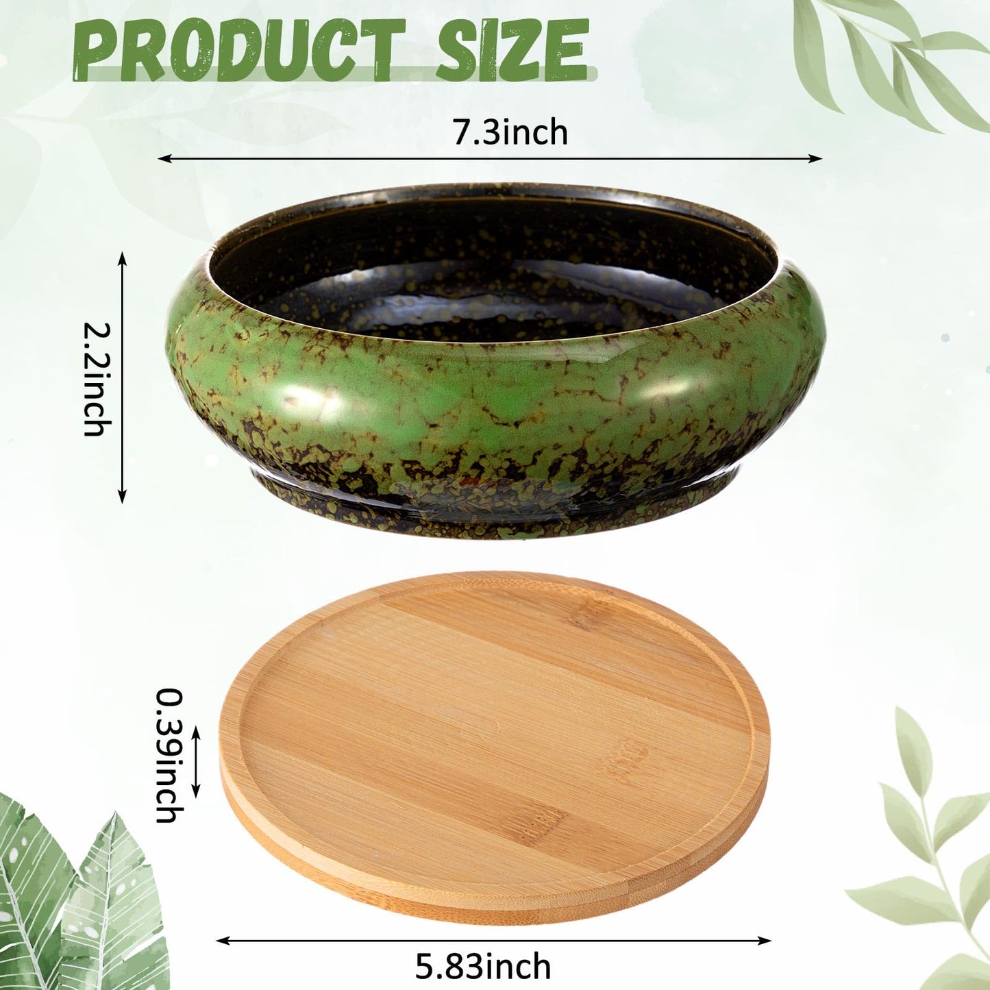 Acellegic 2 Pack 7.3 Inch Round Large Shallow Succulent Ceramic Planter Pots with Drainage Hole Drip Glazed Shallow Bonsai Pot with Bamboo Tray for Indoor Outdoor Plants Decor Cactus Flower