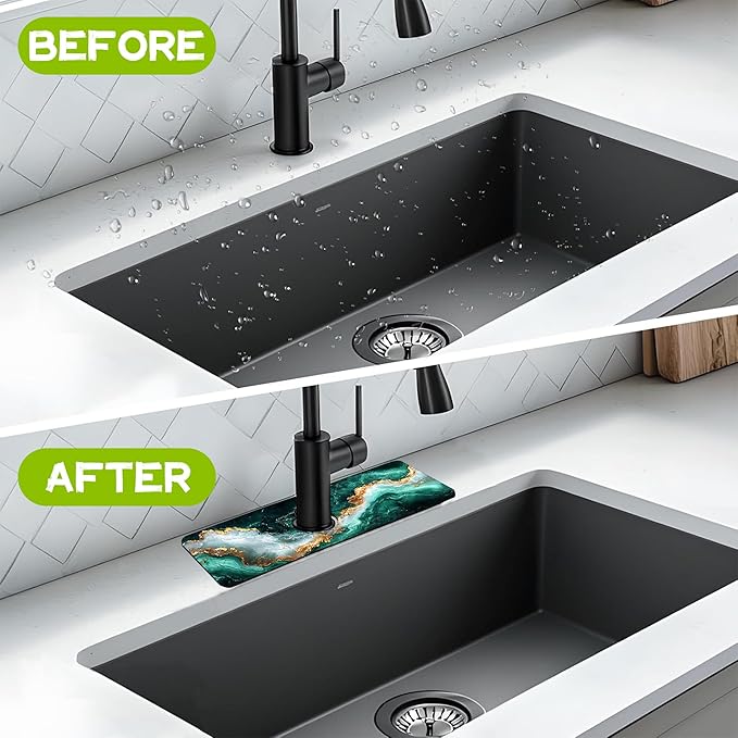 Emerald and Gold Marble Texture Kitchen Sink Splash Guard Faucet Mat Super