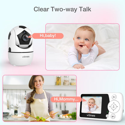 VTimes Baby Monitor with Camera and Audio, 2.4'' LCD Screen, Video Baby Monitor No WiFi Night Vision VOX Mode Pan-Tilt-Zoom Temperature Display Two-Way Audio Lullabies Feeding Alarm and 1000ft Range
