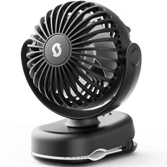 SWEETFULL Stroller Fan with Clip - Portable Rechargeable Mini Fan with Strong Clamp, 3 Speeds, 11Hrs Cooling, Cute Small Personal Desk Cooler for Bed Pet Carriers Umbrell Travel Outdoor - Black