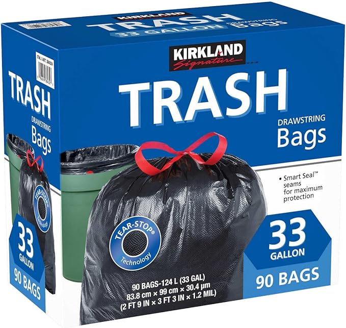 Kirkland Signature Carton is 100% recyclable 33 Gallon Black Drawstring Trash
