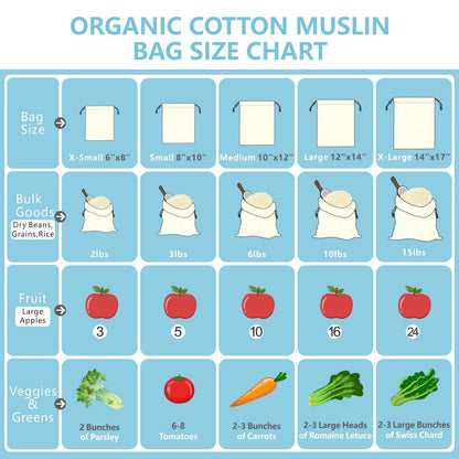 TOPDesign 10-Pack 10” x 12” Reusable Produce Bags, Muslin Bags with Drawstrings for Shopping & Storage, 100% Natural Cotton Bags, Washable, Biodegradable, Food Safe