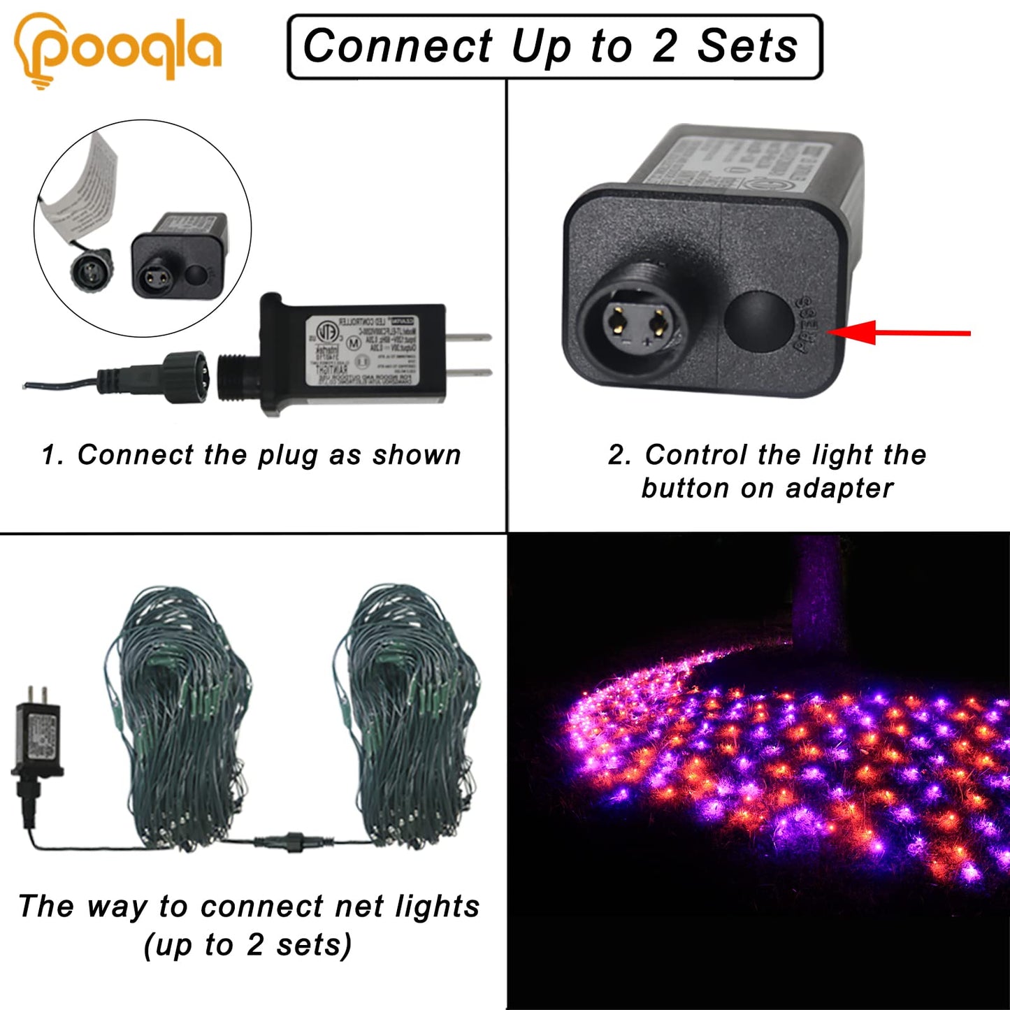 Pooqla 360 LED Halloween Net Lights Outdoor, 21 ft x 5 ft Connectable Mesh String Lights 8 Modes Waterproof Plug in for Halloween Decoration Bushes Yard Garden Party, Orange and Purple