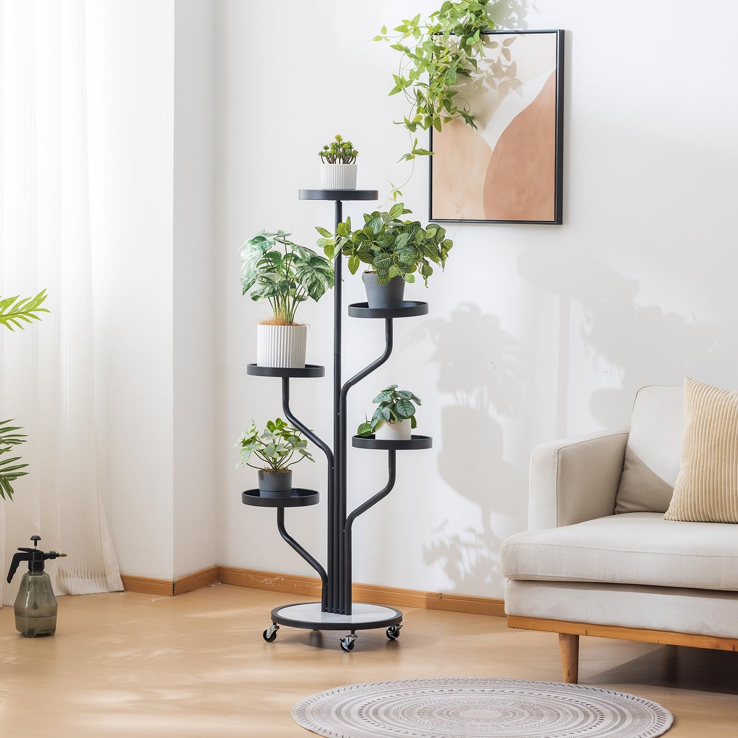 CHPHI 5 Tier Indoor Plant Stand Wrought Iron, Tall Metal Plant Stand with Wheels, Metal Rolling Plant Shelf with 5 Trays, Multi-tier Rolling Display Stand for Home and Office(Black)