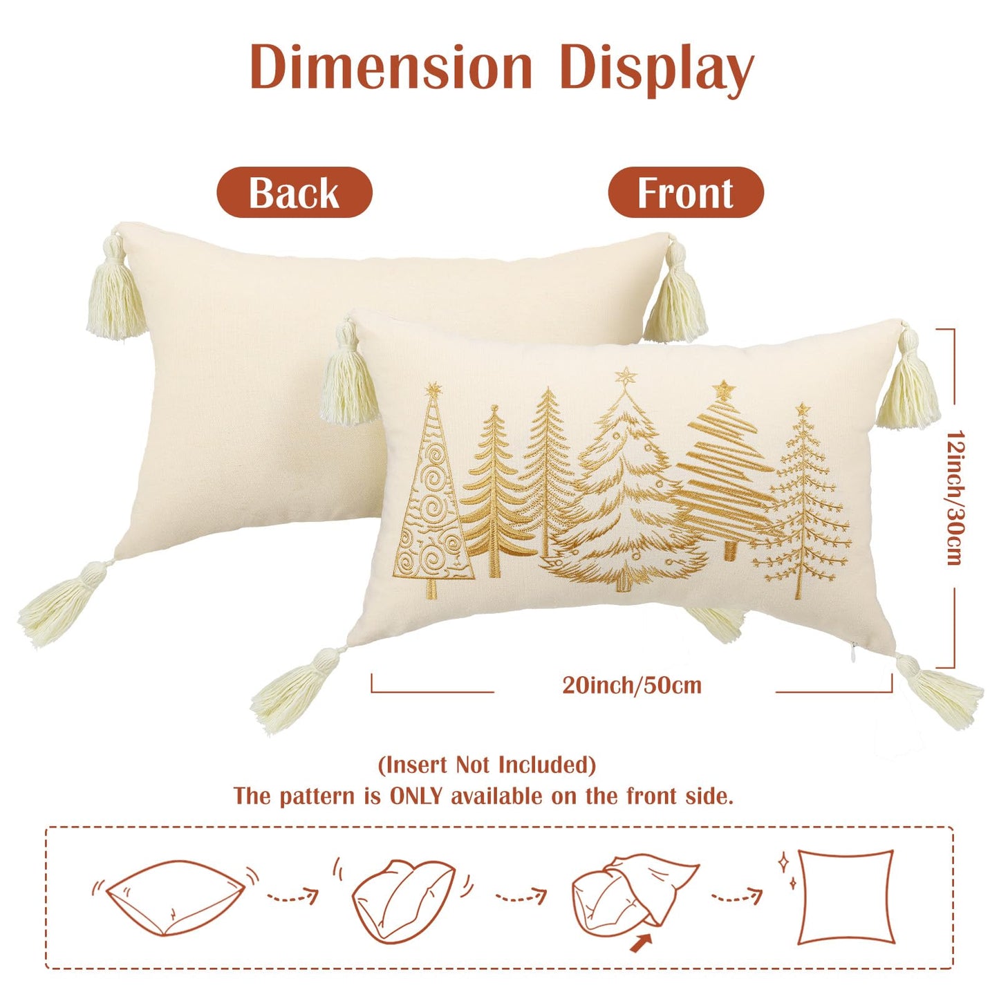 Lewondr Christmas Pillow Cover, 12x20 Inch 1PCS Soft Canvas Embroidery Trees Brown White Decorative Pillow Cover with Tassel Luxury Throw Pillow Case for Bed Home Decor Living Room, Beige