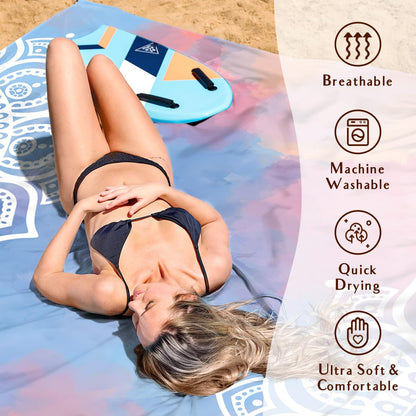 AlphaBeing Beach Blanket Waterproof Sandproof, Extra Large Beach Mat for 1–8 Adults, Oversized Picnic Blanket with 4 Stakes & Storage Bag, Essential Beach Gear for Travel (Mandala, 120“×108”)