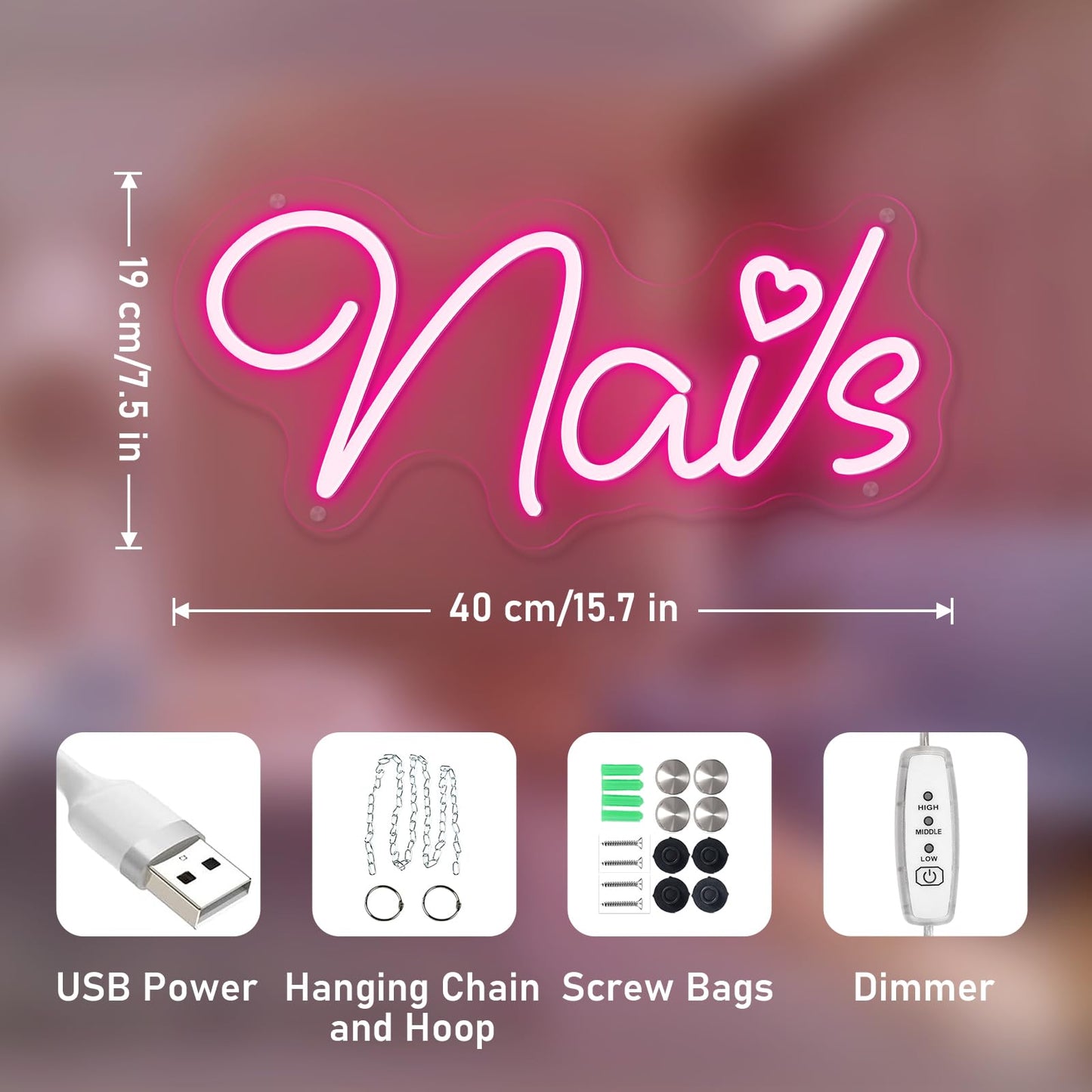 Brochao Nails Neon Sign Nail LED Sign Light Up Sign for Nial Room Wall Decar for Beauty Room Nail Salon Business Store Home Party Decoration Gift for Teen Girls