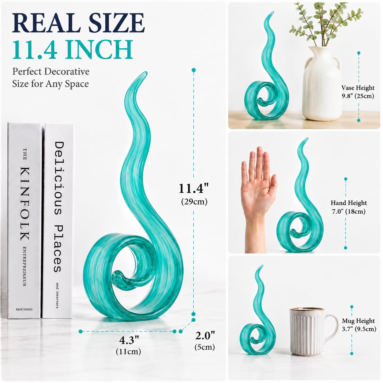 ORRFIDDY 11.4" Tall Hand Blown Glass Sculpture, Murano Style Art Glass Figurine, Modern Coastal Home Decor Accent for Shelf, Table, TV Stand, Living Room Decoration
