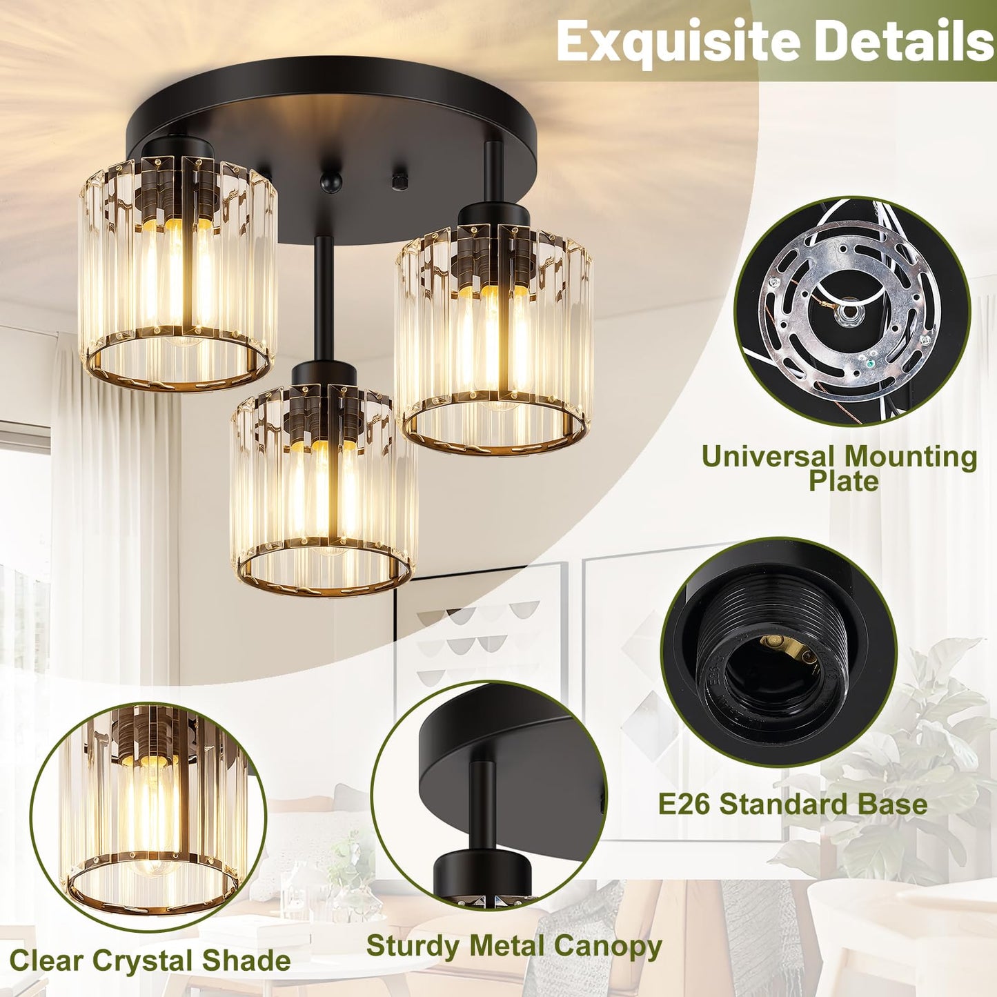 Btvsd 3-Light Crystal Semi Flush Mount Ceiling Light, Black Kitchen Lighting Fixtures Ceiling, Modern Hallway Light Fixtures with Clear Crystal Shades, Close to Ceiling Lamp for Bedroom Foyer Entryway