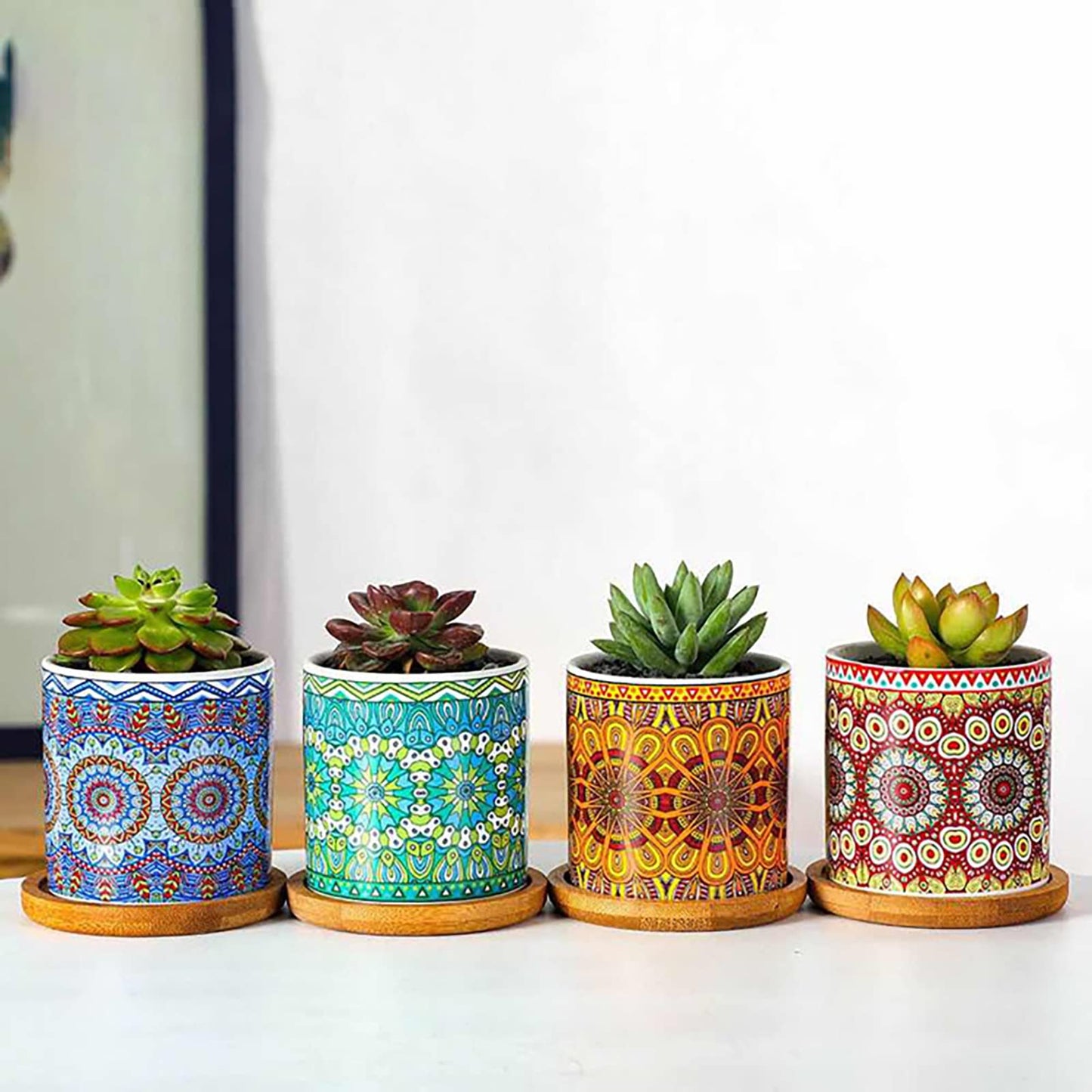 Yesland 4 Pack Succulent Plant Pots with Bamboo Tray, 3 Inch Ceramic Mandalas Pattern Cylinder Planter & Flower Pots with Drainage Hole, for Flowers, Cactus, Home, Garden, Office Decoration