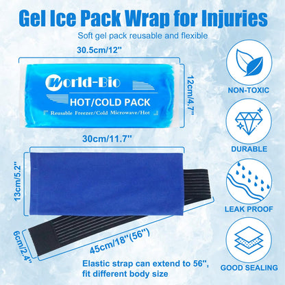Soft Gel Ice Pack for Injuries Reusable, Flexible Hot Cold Pack for Forehead Neck Head Knee Ankle Wrist Elbow, Medical Cold Pack for First Aid, Migraines (12'' X 4.7''- 1 Ice Pack & Wrap)