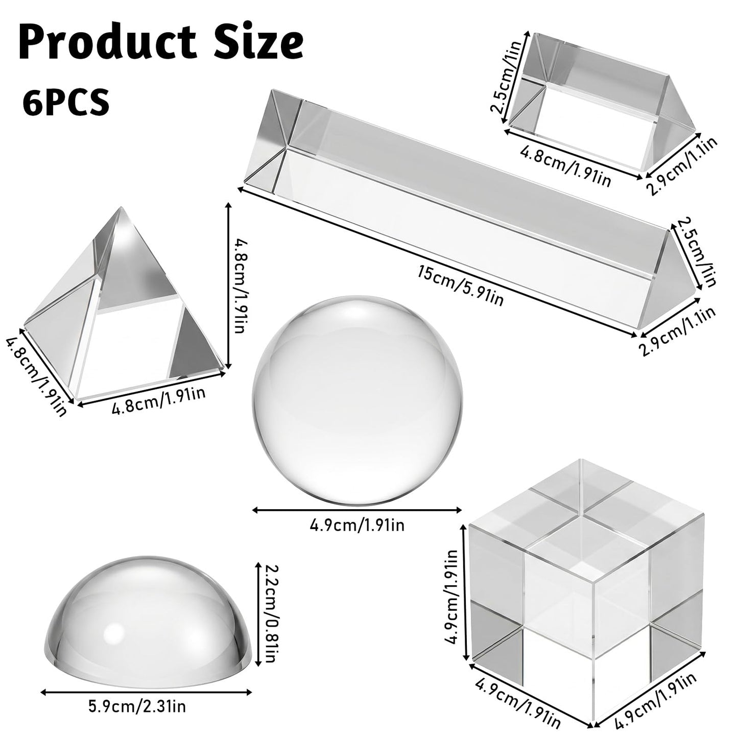 6 Pack K9 Optical Crystal Photography Prism Set Include 50mm and 150mm Clear Triangular Prism 50mm Lens Ball, Cube,Optical Pyramid and 60mm Dome Magnifying for Photography Effects Physics Optics