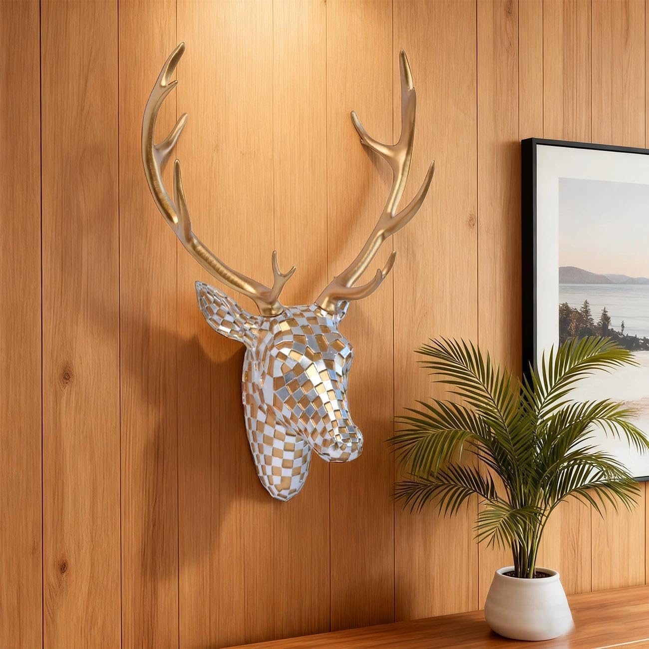 GIGICICI Mosaic Deer Head Wall Decor 15.7x8.7 Inch, Artistic Faux Resin Animal Head Wall Sculpture Hanging for Living Room Bedroom Kitchen Office, Gold-Silver Gift