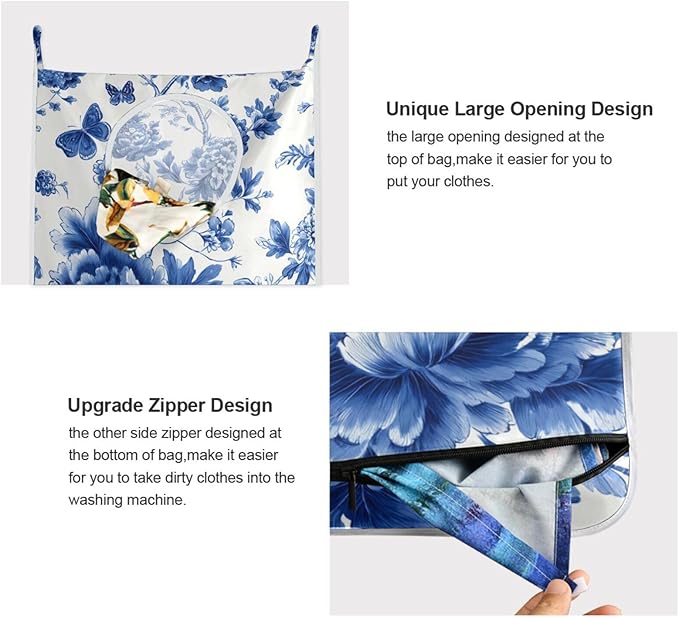 Blue and White Peony Flowers Butterfly Hanging Laundry Hamper Door Hampers Bag