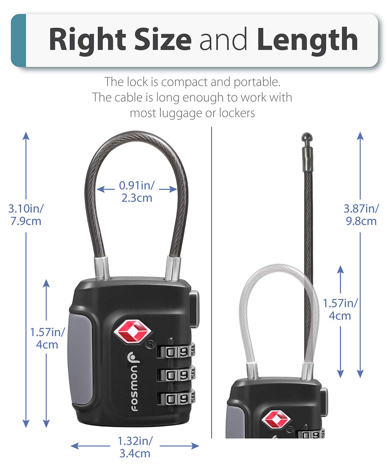 Fosmon TSA Approved Cable Locks for Luggage, Suitcase, Gun Case Lock with Push Release Button, 3 Digit Long Shackle Combination Wire Lock for Backpack