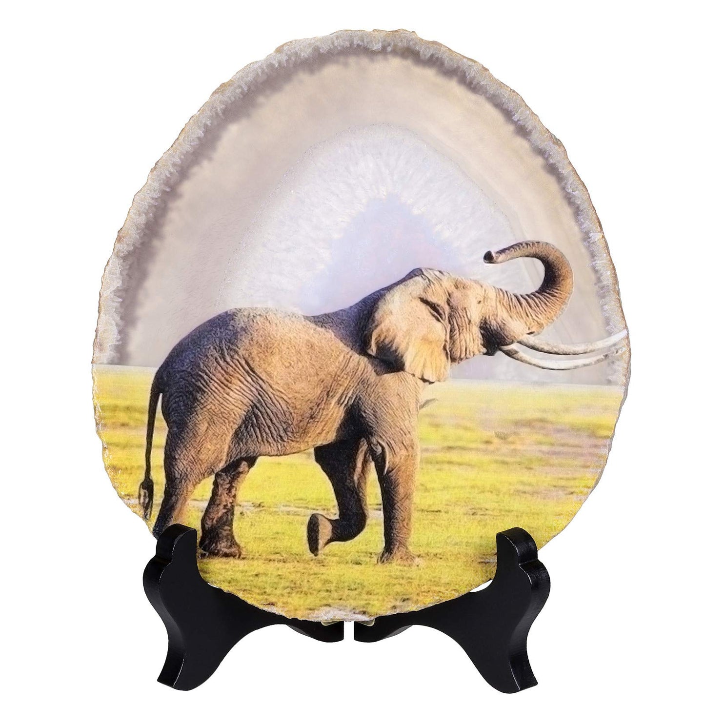 mookaitedecor Natural Agate Slice Art Print Elephant Table Display with Wooden Stand, Irregular Agate Geode Stone Figurine for Office & Home Decoration
