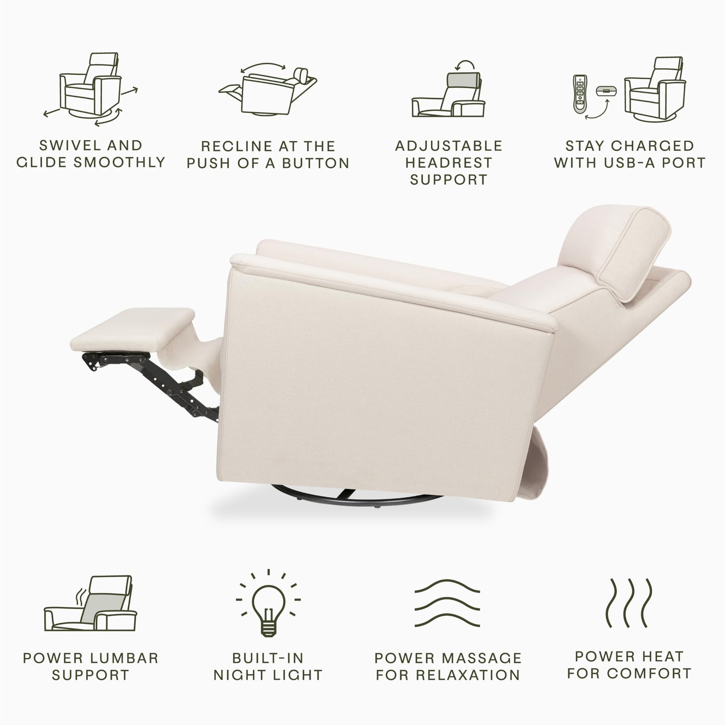 Namesake Willa Deluxe Power Recliner & Swivel Glider with Heat & Massage in Performance Cream Eco-Weave, Built-in USB Charging Port, Greenguard Gold & CertiPUR-US® Certified