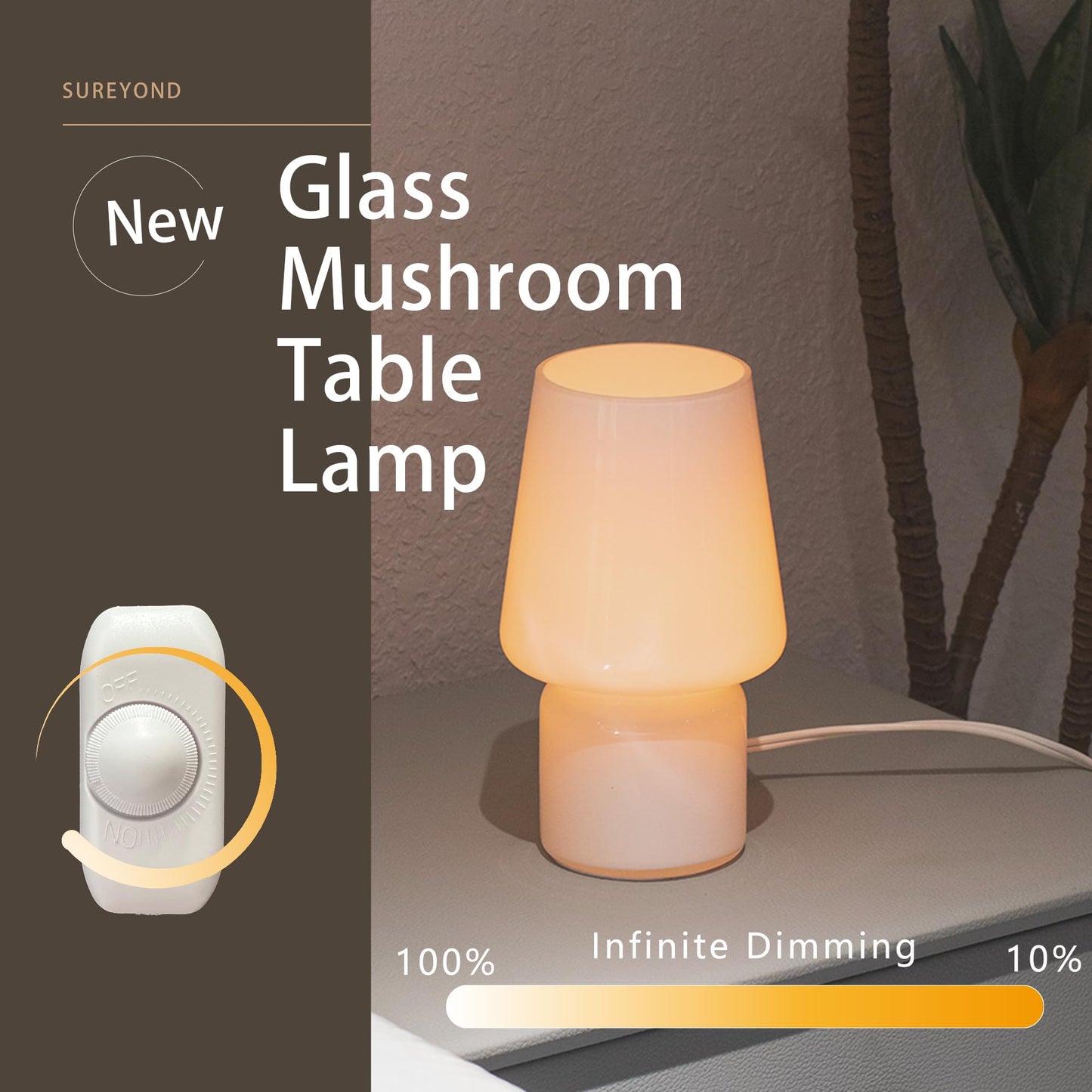 SUREYOND Mushroom Lamp,Mother's Day Gifts,Small Table Lamp,Cute Nightstand Kitchen Mini Lamp,Glass Table Lamp,Suitable for Bedrooms, Kitchens, Living Rooms, Bedside, Girl Gifts（White）