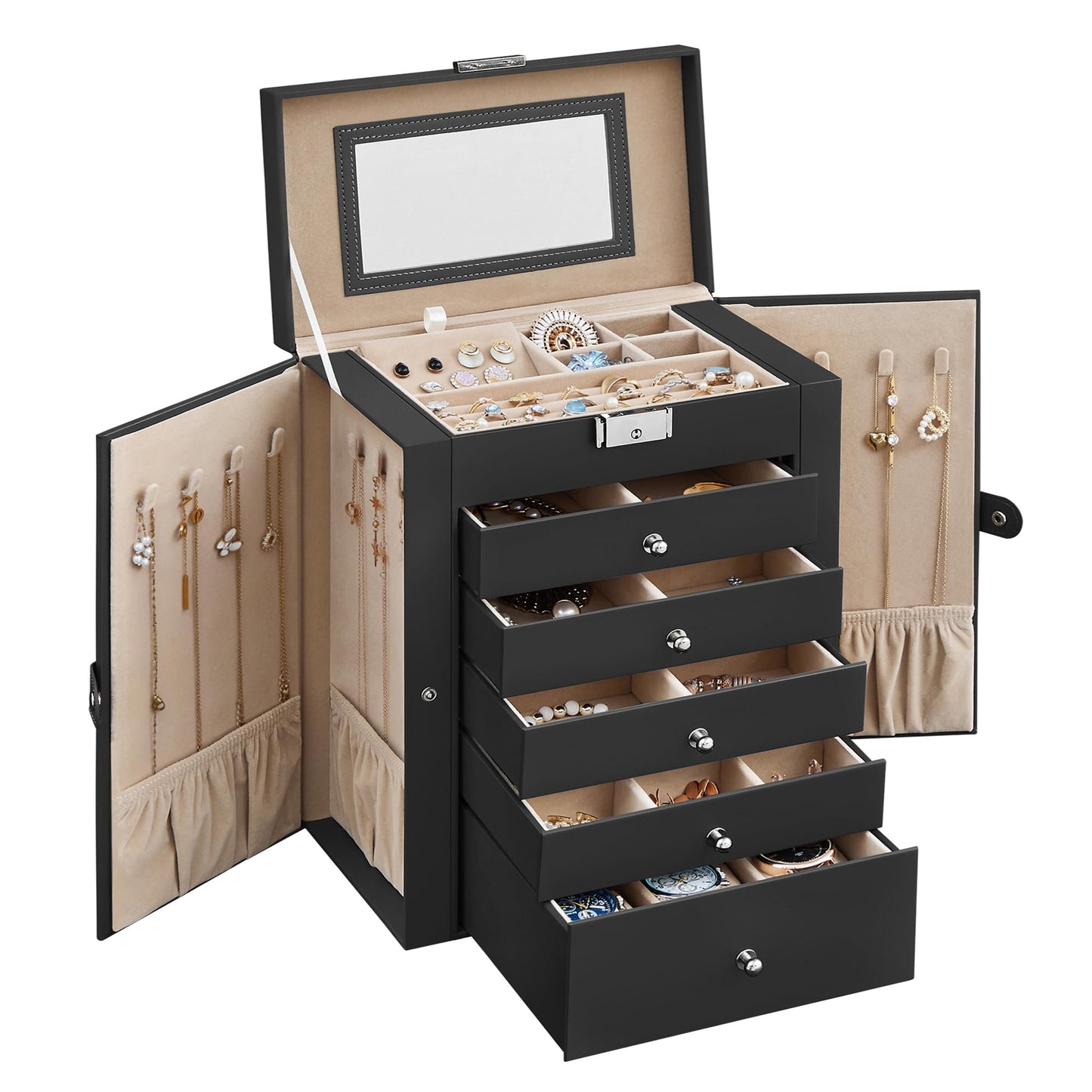 SONGMICS Jewellery Box 6 Tiers, Jewellery Case with 5 Drawers, Large Storage Capacity, with Mirror, Lockable, Jewellery Storage Organiser, Gift for Loved Ones, for Watches, Black JBC152B01