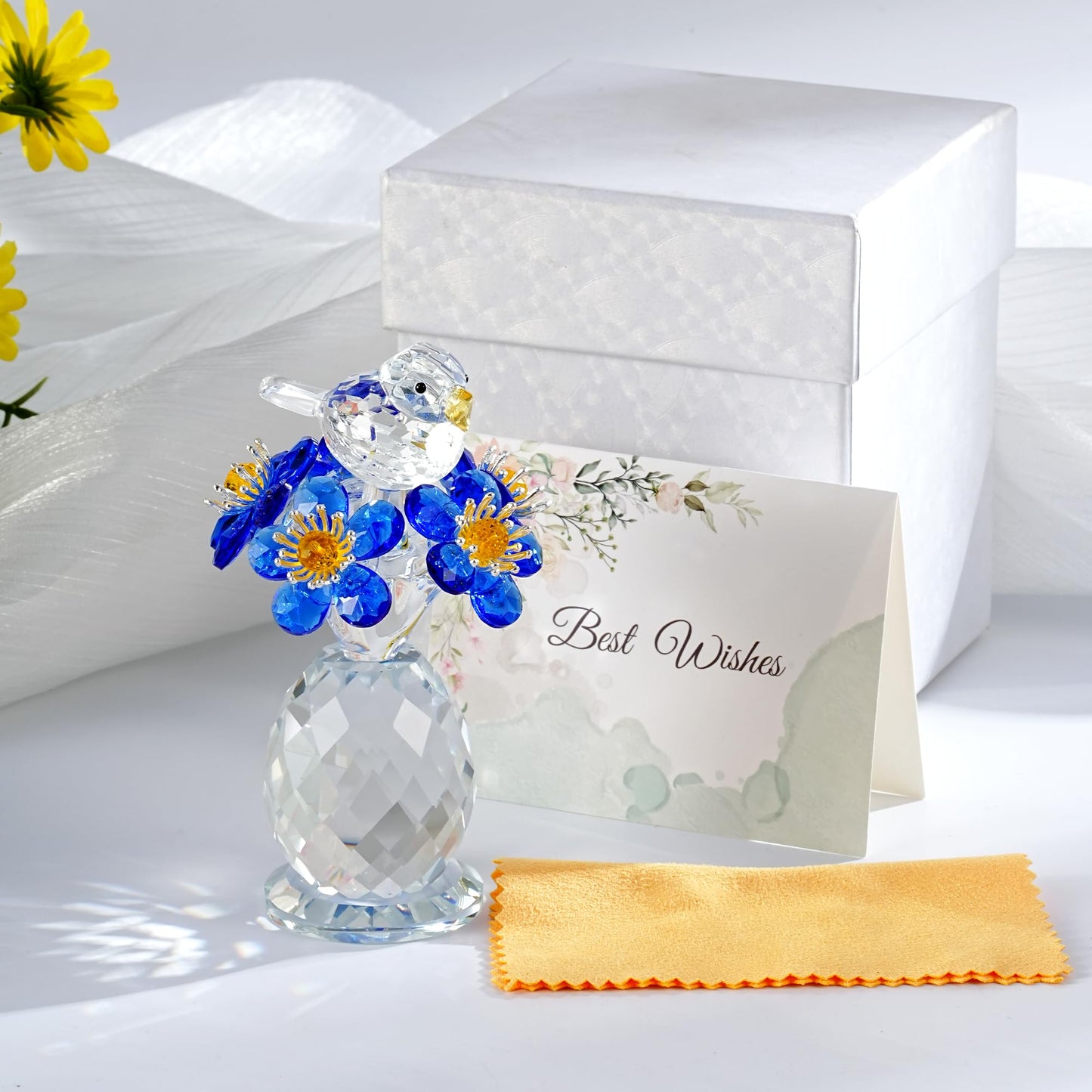 CNCRMEM Crystal Bird & Forget-Me-Not Flower Figurine,3x4 inch Glass Flower Collectible Ornaments for Home Decor Table Centerpiece Glass Bouquet Flowers Keepsake Gifts for Women （Blue）