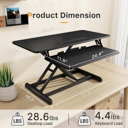 JOY worker Standing Desk Converter, 35" Wide Height Adjustable Sit Stand Up Desk Riser with Keyboard Tray, Desktop Workstation Riser for Home Office Computer Laptop, Particle Board, Black