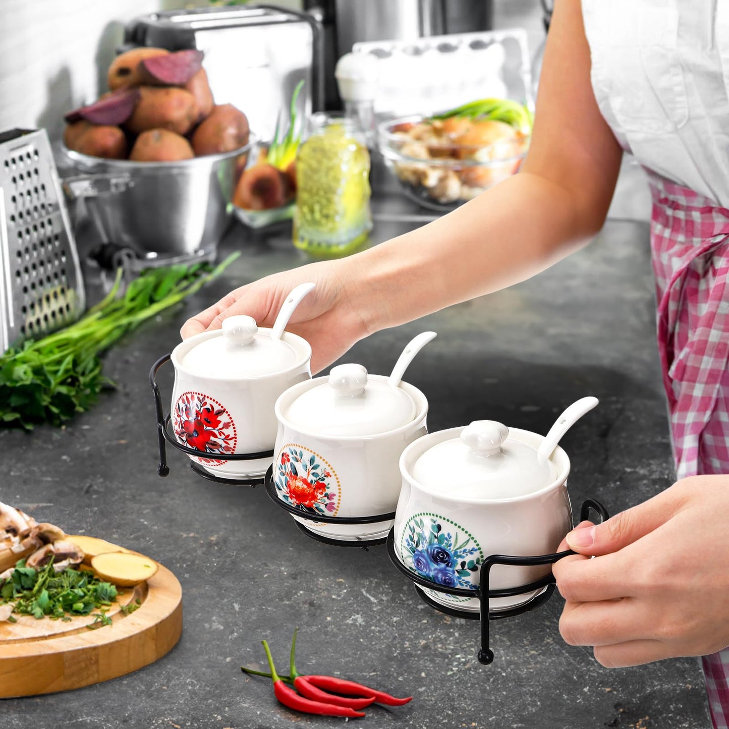 ELFULLY 3 Pcs Ceramic Condiment Jars, 7 Oz Small Sugar Bowls with Lids Spoons and Shelf, Round Spice Container Pot Set for Salt Pepper, Empty Seasoning Box for Kitchen Restaurant Home, White