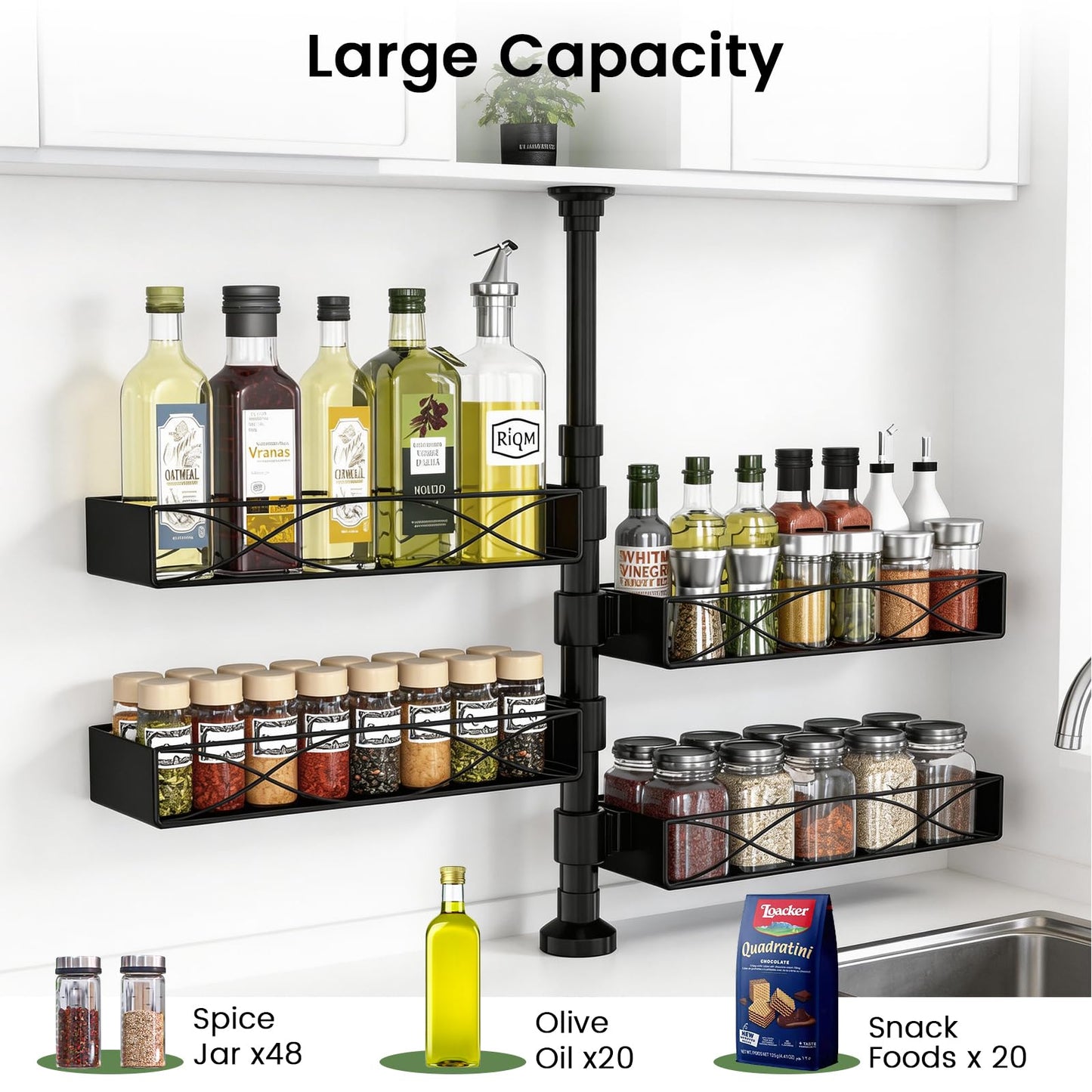 Mixoo Spice Rack Organizer Tension Pole, 4-Tier Adjustable Spice/Seasoning Organizer for Kitchen Countertop, Space-Saving Spice Storage Corner Shelf for Kitchen, Coffee Area, 16.5-23.6 Inch, No Drill