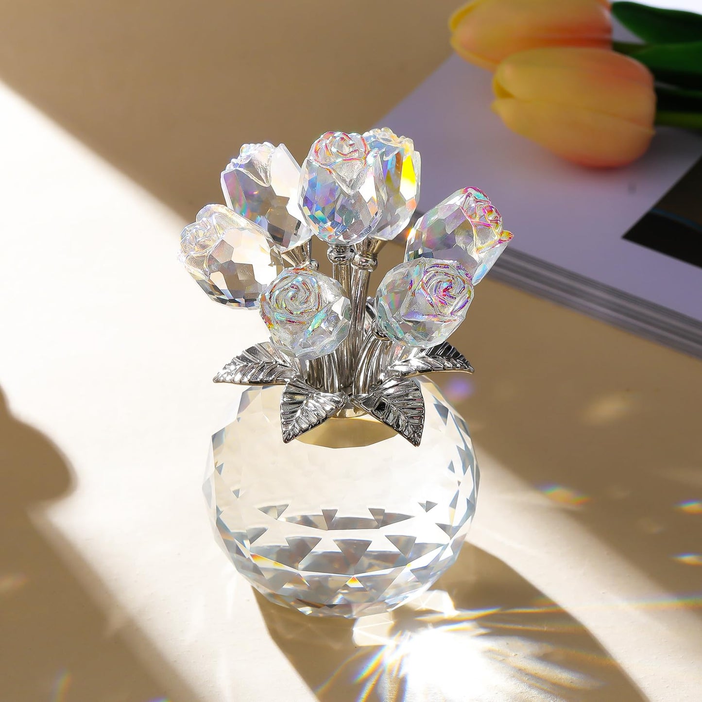 Arikyrist Crystal Clear Rose Bouquet Figurine with Round Vase, Glass Rose Flower Romantic Gifts for Women Mom on Birthday, Collectible Decoration Table Centerpiece for Home