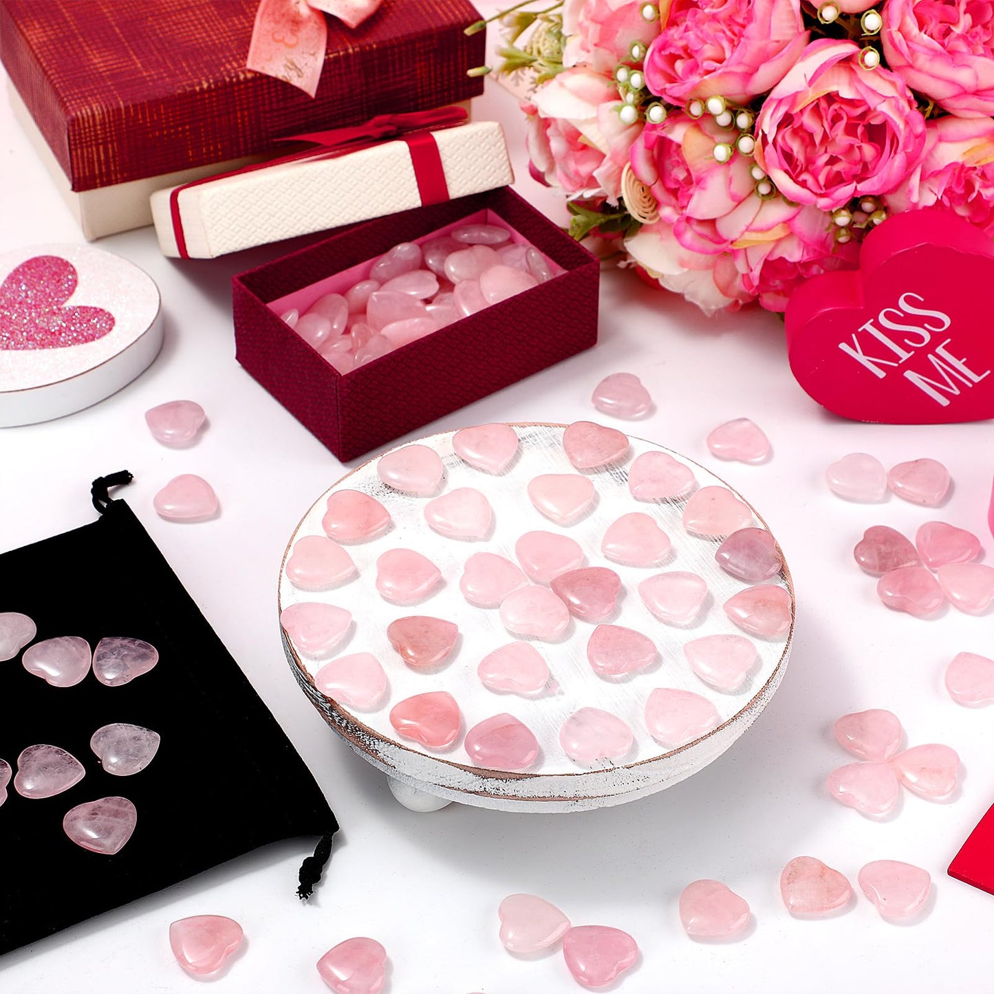 Ecation 120 Pcs Heart Quartz Bulk Crystals Stone Bulk Natural Polished Stone Heart Love Carved Healing Worry Crystal with Flannel Bag for Women Gifts(Rose Quartz)