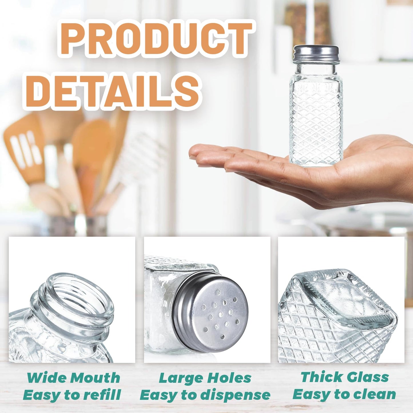 Wongblee 2 Pack Glass Salt and Pepper Shakers Set, Vintage Spice Shakers for Dining Room Table, Kitchen, Restaurant (Grid Pattern)