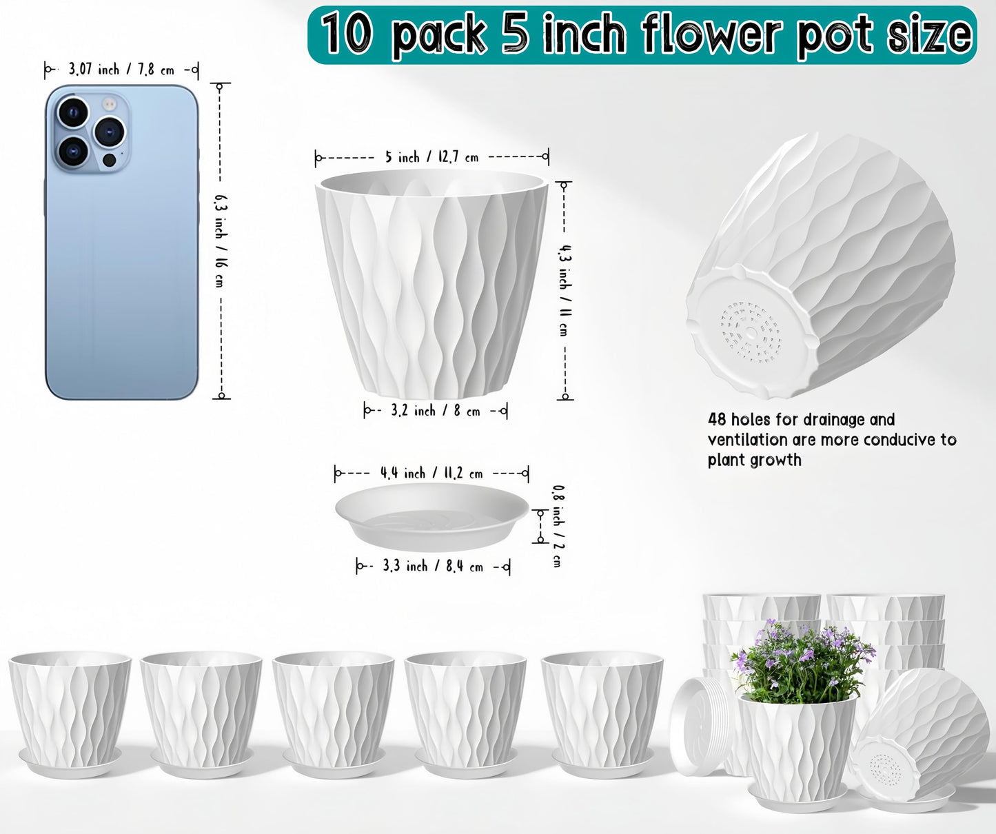 zople 10 Pack 5 Inch Plant Pots with Drainage and Saucers, White Plastic Flower Pots for Indoor and Outdoor Plants, Stackable Nursery Planters for Houseplants and Herbs, White