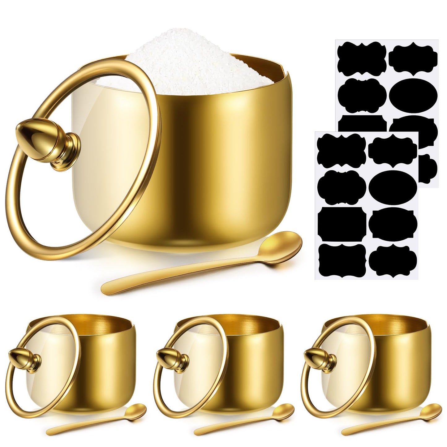 Baderke 4 Pcs 9.8 oz Stainless Steel Sugar Bowl Sugar Container Condiment Dispenser with Lid and Spoon with Tag for Spice Coffee Tea Pepper Herbs(Gold)