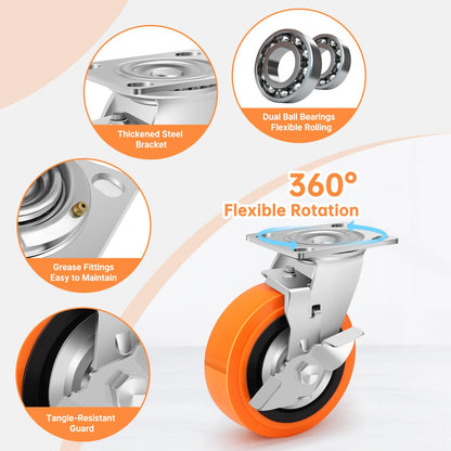 Humagineer 6 Inch Industrial Casters - Castor Wheels Sets 4 Heavy Duty with Dual Ball Bearing, Polyurethane Wheel Capacity up to 4500 lbs, Plate Swivel Wheels for Workbench, Equipment(4 Brake)