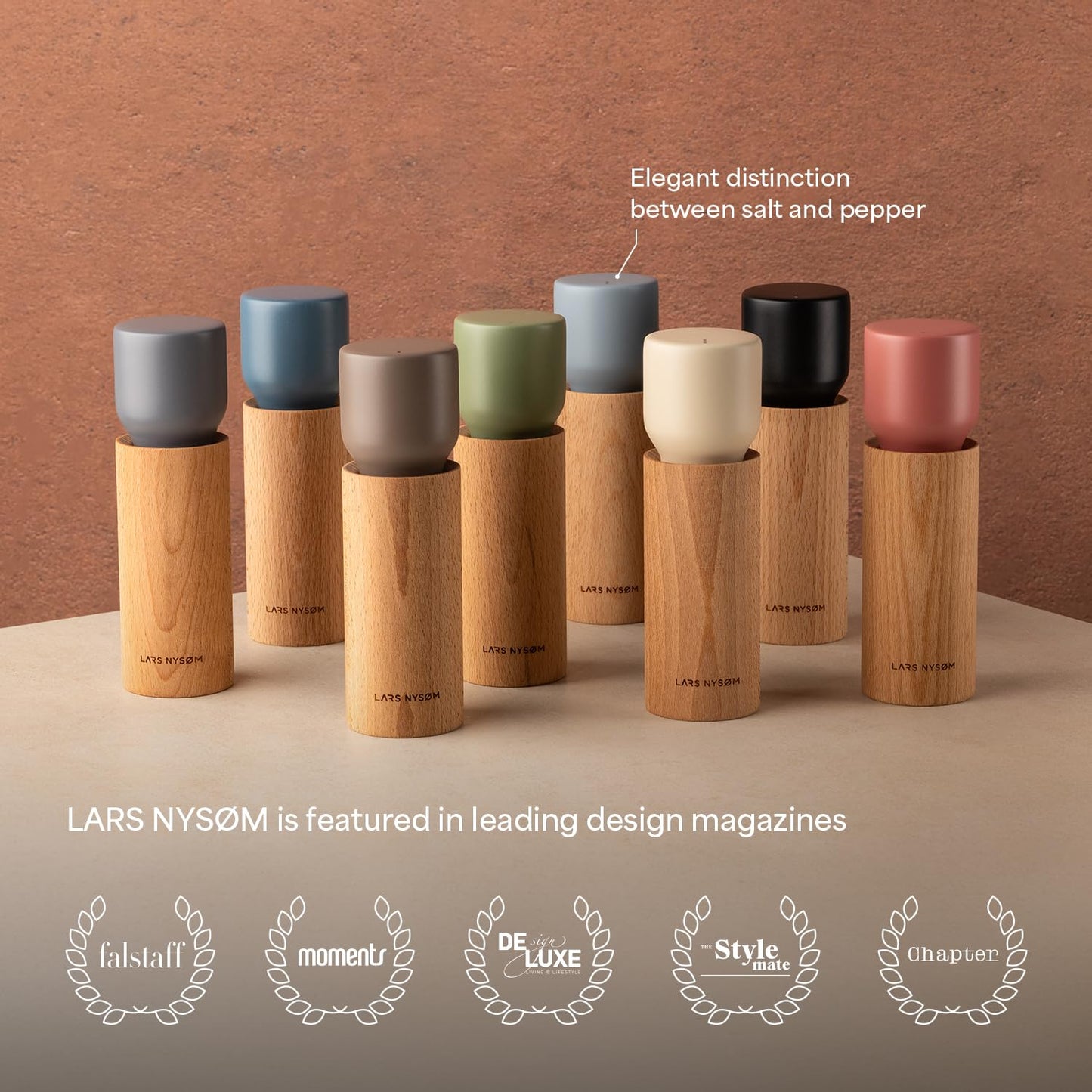 LARS NYSØM Wooden Salt and Pepper Grinder Set Manual with Tray - Salt and Pepper Mills with Adjustable Ceramic Grinder - Elegant Beechwood Pepper and Salt Mill Set for Dining Table (Stone Blue)