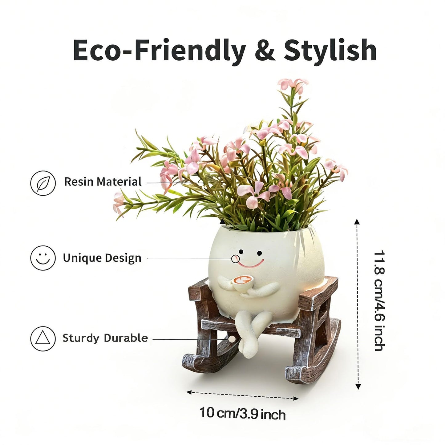Smiley Face Planter Pot, Cute Rocking Chair Plant Pots for Indoor Outdoor, Unique Funny Drinking Coffee Flower Pot with Drainage Hole, Succulents Plant Gifts for Mother's Day, Birthday, Christmas