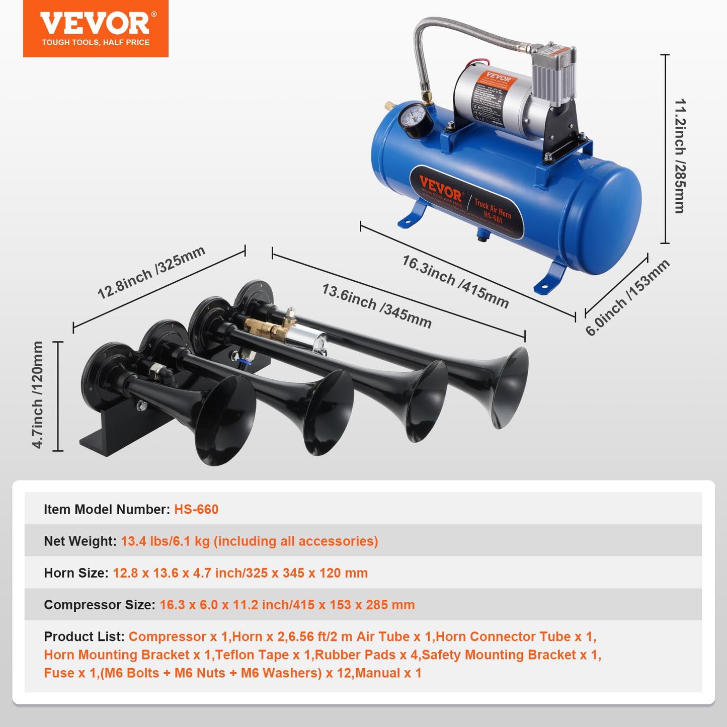 VEVOR 4 Trumpet Air Horn Kit, 150dB Train Horns for Pickup Trucks, 12V 120 psi Air Compressor 1.6 Gal/6 L Tank with Gauge for Any 12V Vehicle Car Truck Train Van Boat