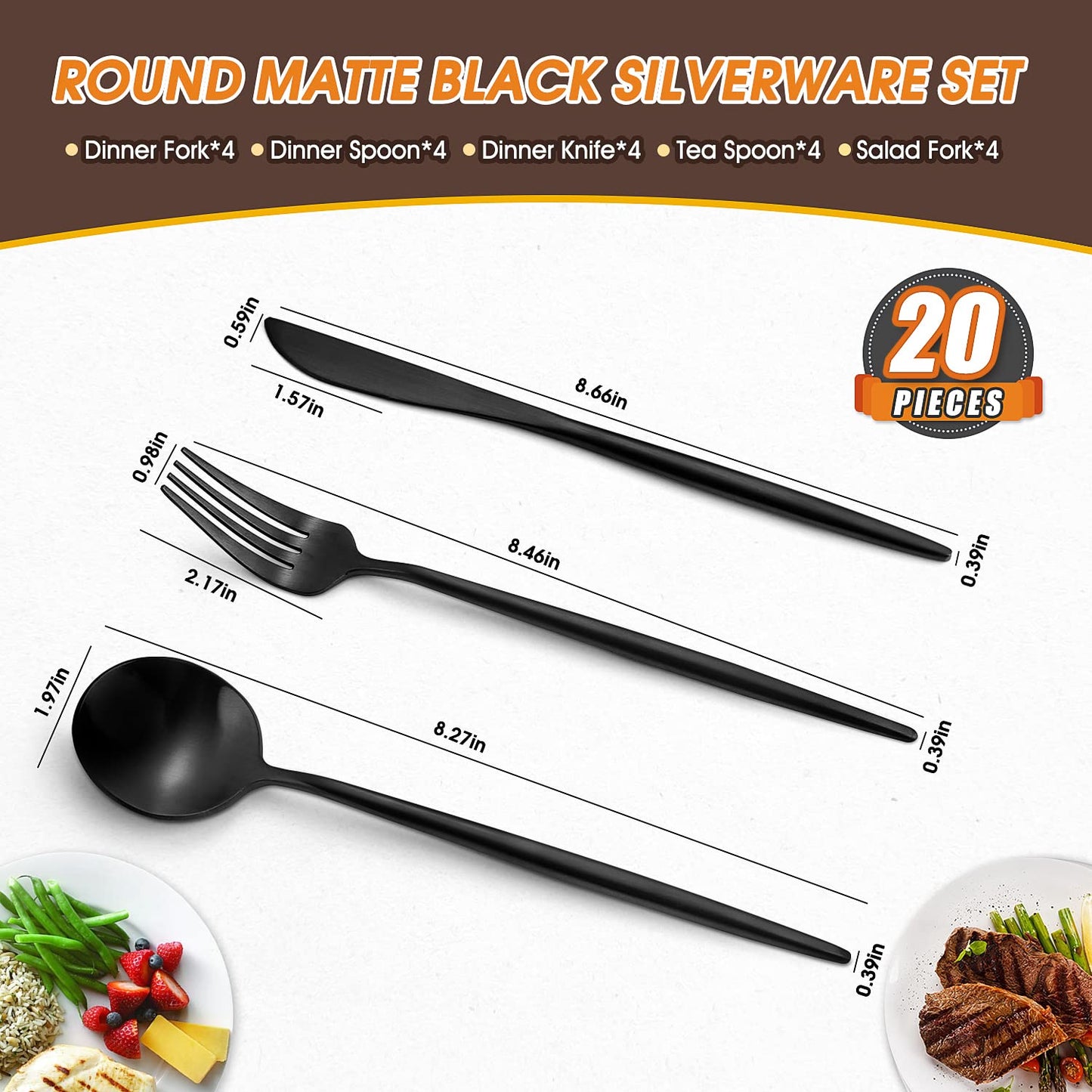 Matte Black Silverware Set,BEGEEL 20 Piece Stainless Steel Flatware Set,Service for 4,Satin Finish Tableware,Cutlery Sets,Utensil Sets for Kitchen and Home,Dishwasher Safe