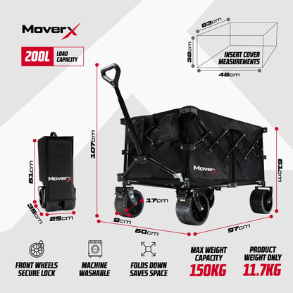 MoverX 200L Festival Trolley on Wheels, Folding Wagon, Portable Camping Cart, Collapsible Foldable Trolly for Beach Outdoor Garden Picnic Shopping Fishing, Wide Wheels, Adjustable Handle, Black