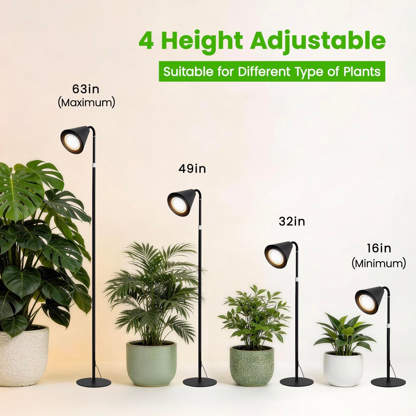 Grow Lights for Indoor Plants, 20W Full Spectrum Growing, 63in Adjustable Height Stand, 4/8/12/16H Auto Cycle Timer, 10 Levels Dimmable Remote Control Standing Grow Floor Lamp for Small to Tall Plant
