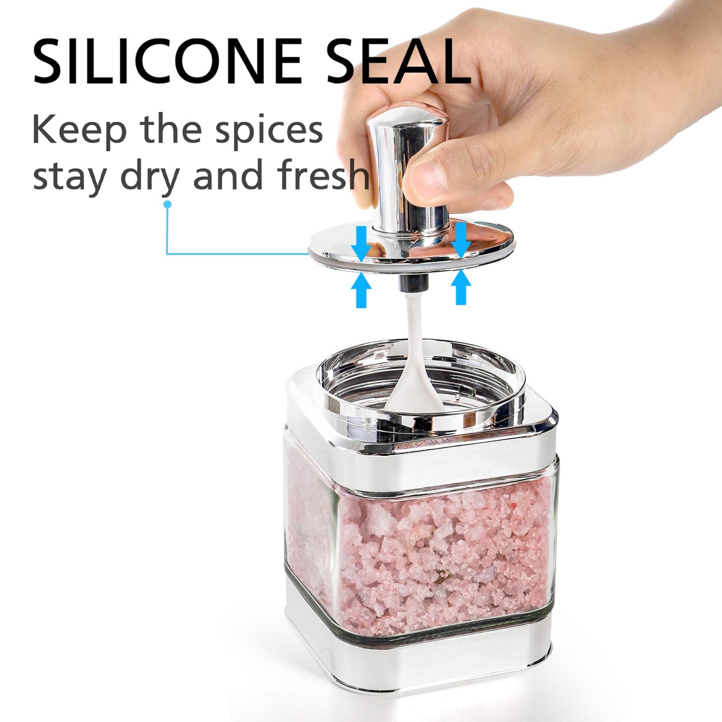 Mezchi 2 Pack Glass Condiment Pot, 12 Ounce Spice Jars with Spoon, Seasoning Box Set Salt Container, Sugar Dispense, Kitchen Containers for Flour and Sugar (Silver)
