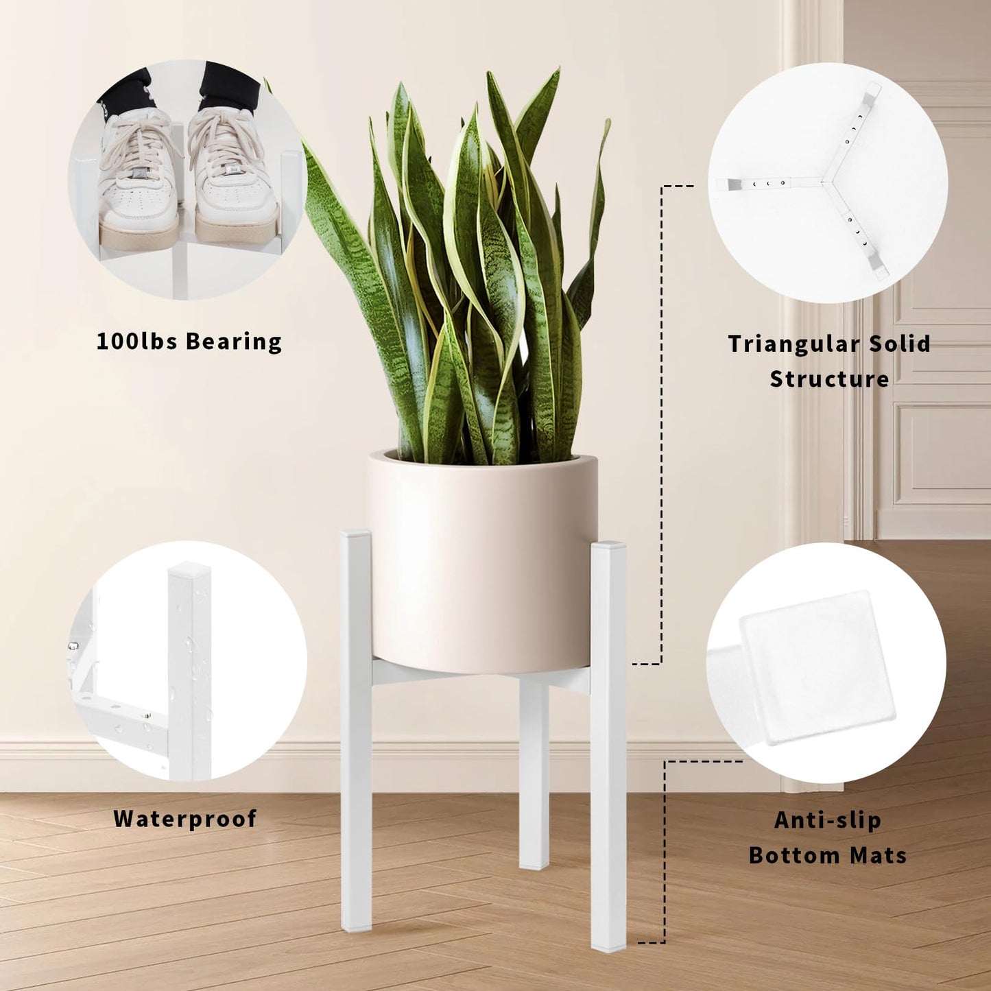 IZIDDO Adjustable Plant Stand Indoor, White Metal Planter Stands Outdoor, Mid Century Modern Plant Holder, Fit 12 14 16 inch Large Pots, Single Floor Plant Stands for Indoor Plants-1ps