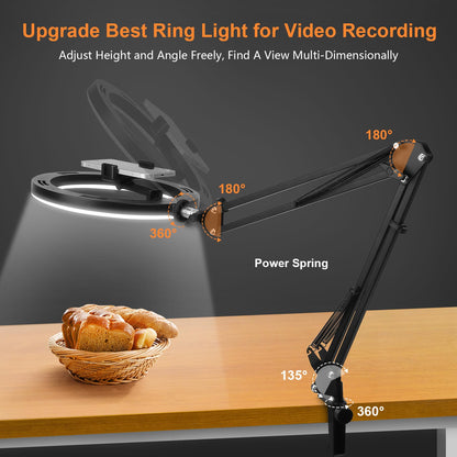 Evershop Ring Light with Tripod Stand & Phone Holder Overhead Mount,10" Ringlight Desk Streaming Phone Halo Light Flexible 3 Light Colors+10 Brightnesses 360°Rotatable Lighting Tiktok YouTube,CRI>95