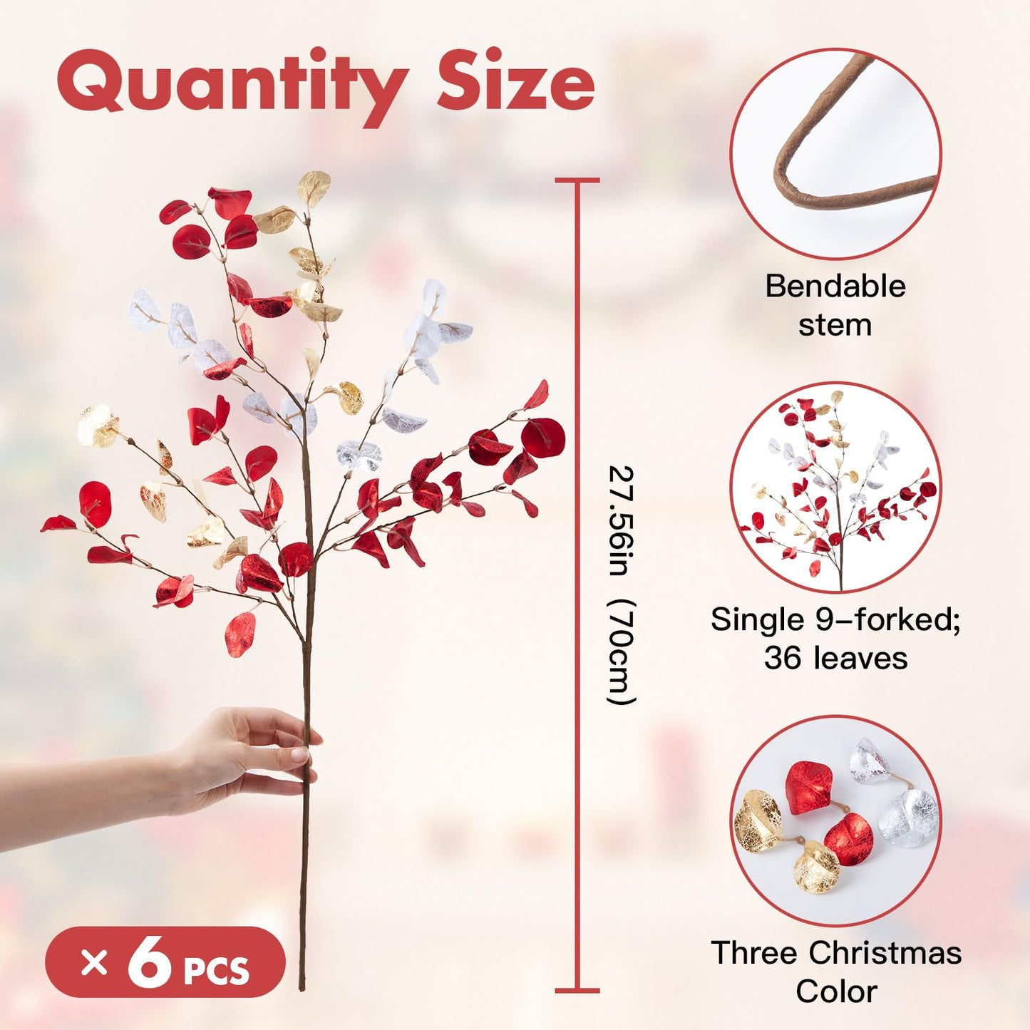 Voqoza 6pcs Eucalyptus Stems Fake Red Gold Silvery Christmas Decorations Leaves Artificial Silk Flowers Bouquet Faux Branches Centerpiece Flores Plants for Home Party Decor Wedding Decoration